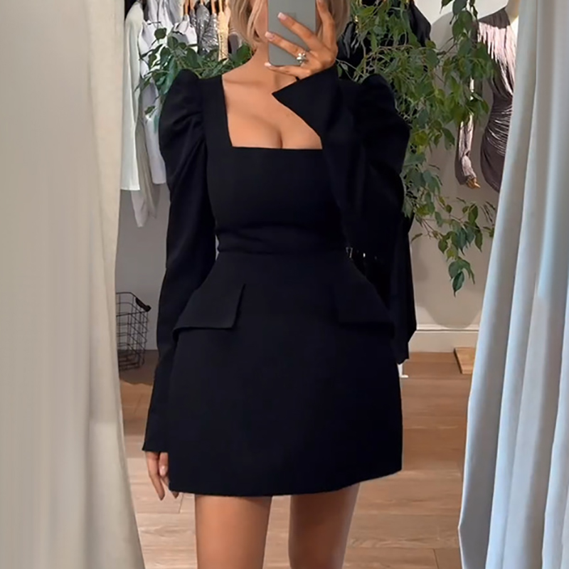 Fashion Square Neck High Waist Banquet Dress Casual Solid Color Pleated Long Sleeved Dress Lady Elegant Temperament A-line Dress