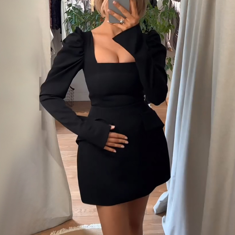 Fashion Square Neck High Waist Banquet Dress Casual Solid Color Pleated Long Sleeved Dress Lady Elegant Temperament A-line Dress