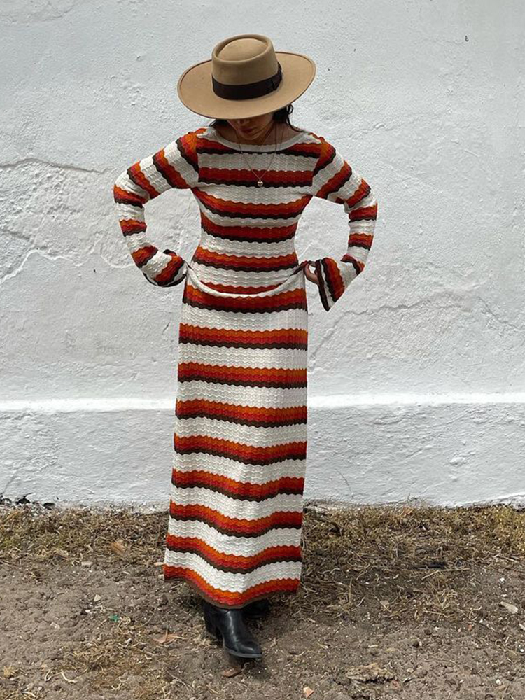 Women Colorful Striped Crochet Knitted Dress Women Fashion Loose O Neck Long Sleeve Backless Dresses 2024 Chic Lady Streetwear