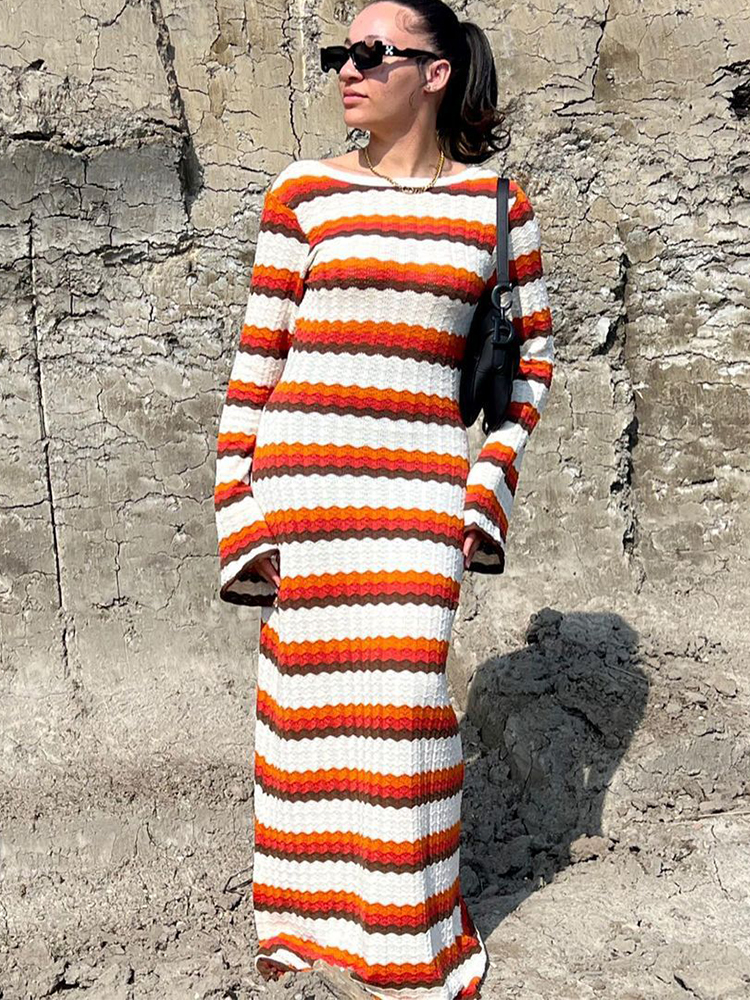 Women Colorful Striped Crochet Knitted Dress Women Fashion Loose O Neck Long Sleeve Backless Dresses 2024 Chic Lady Streetwear