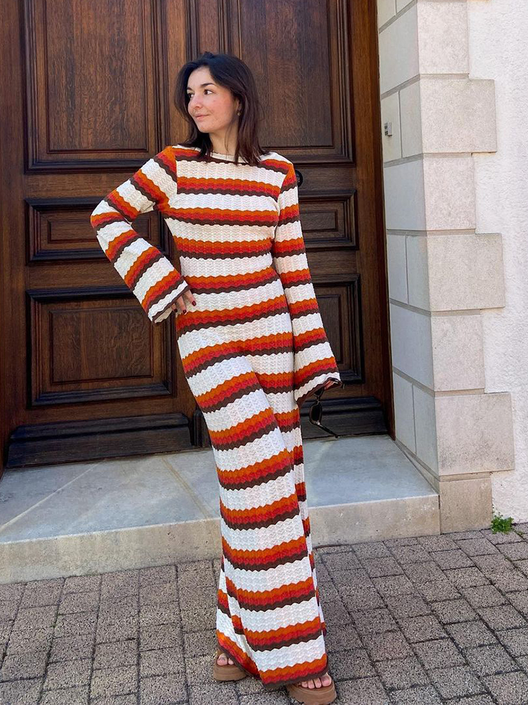 Women Colorful Striped Crochet Knitted Dress Women Fashion Loose O Neck Long Sleeve Backless Dresses 2024 Chic Lady Streetwear