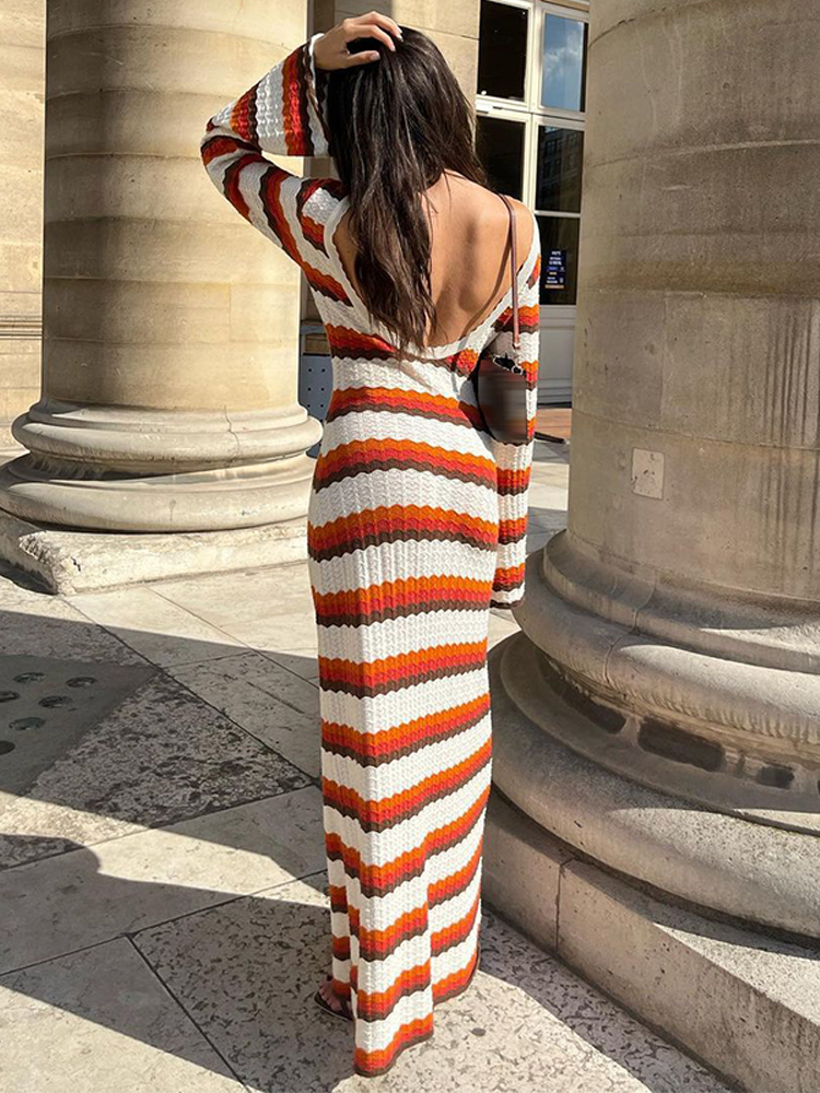 Women Colorful Striped Crochet Knitted Dress Women Fashion Loose O Neck Long Sleeve Backless Dresses 2024 Chic Lady Streetwear