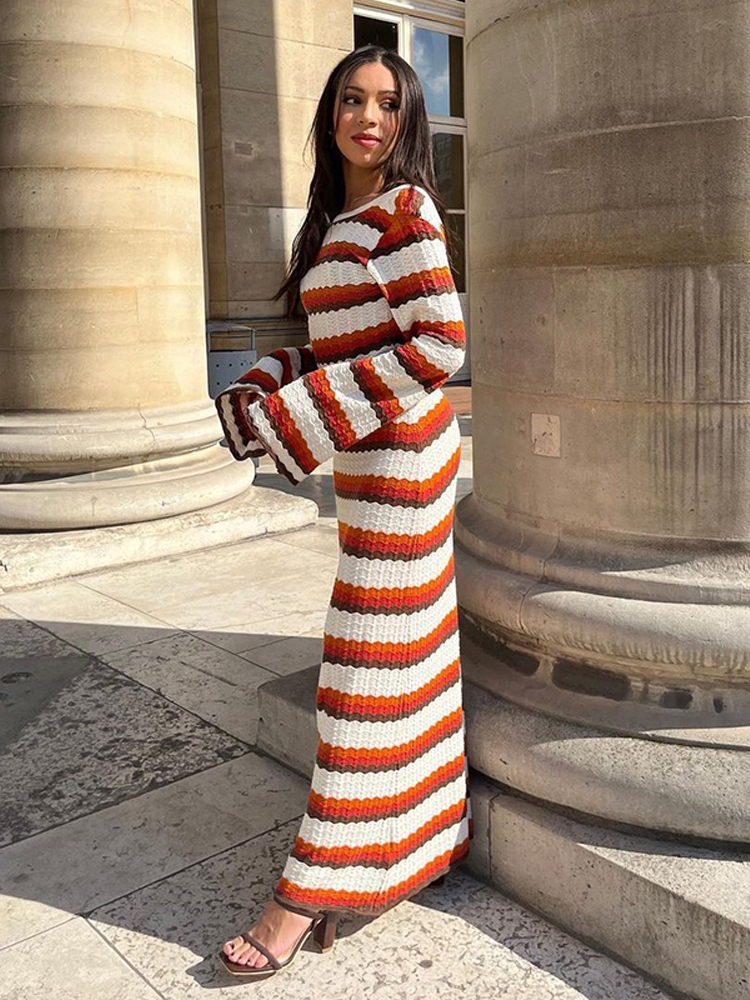 Women Colorful Striped Crochet Knitted Dress Women Fashion Loose O Neck Long Sleeve Backless Dresses 2024 Chic Lady Streetwear