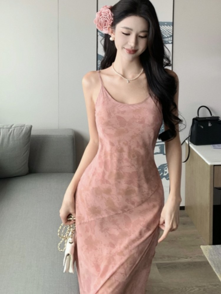 Sexy Bodycon Midi Dresses for Women Spaghetti Strap Slim Mermaid Floral Casual Summer New Korean One Piece Vestidos Mujer