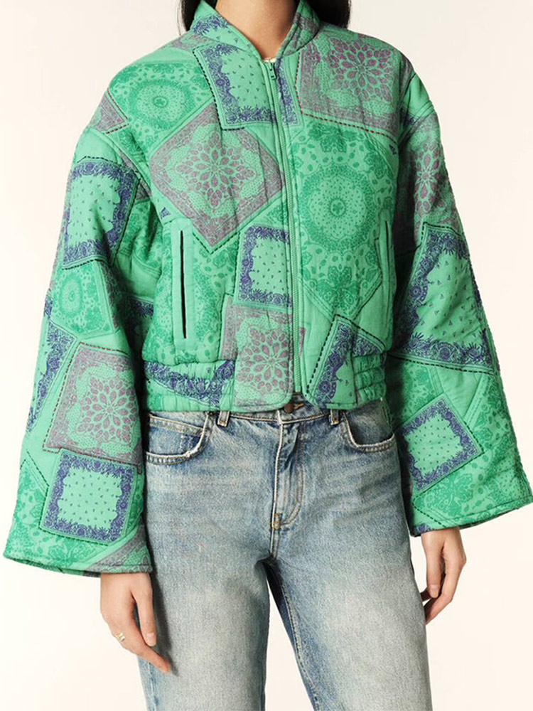 Vintage Green Printed Stand Collar With Zipped Cotton Coats Women Elegant Loose Crop Jacket 2024 Female High Street Outerwear