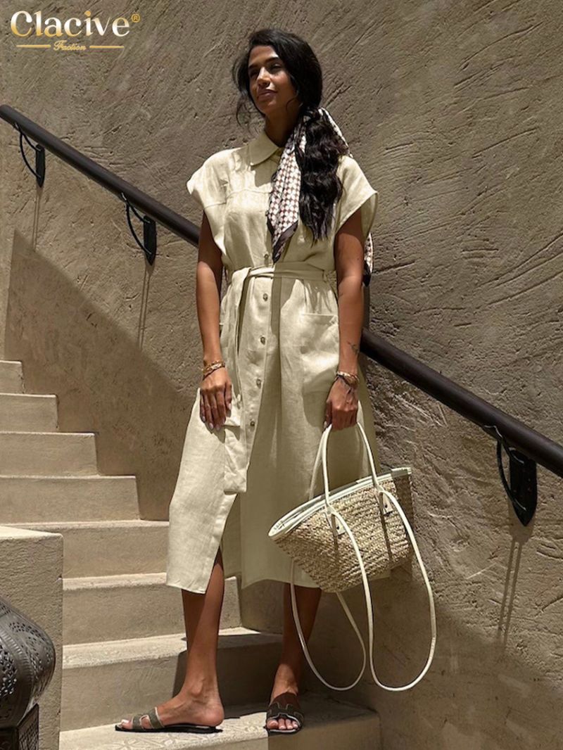 Clacive Fashion Loose Khaki Cotton Women Dress 2024 Summer Lapel Short Sleeve Midi Dresses Elegant Classic Lace-Up Female Dress