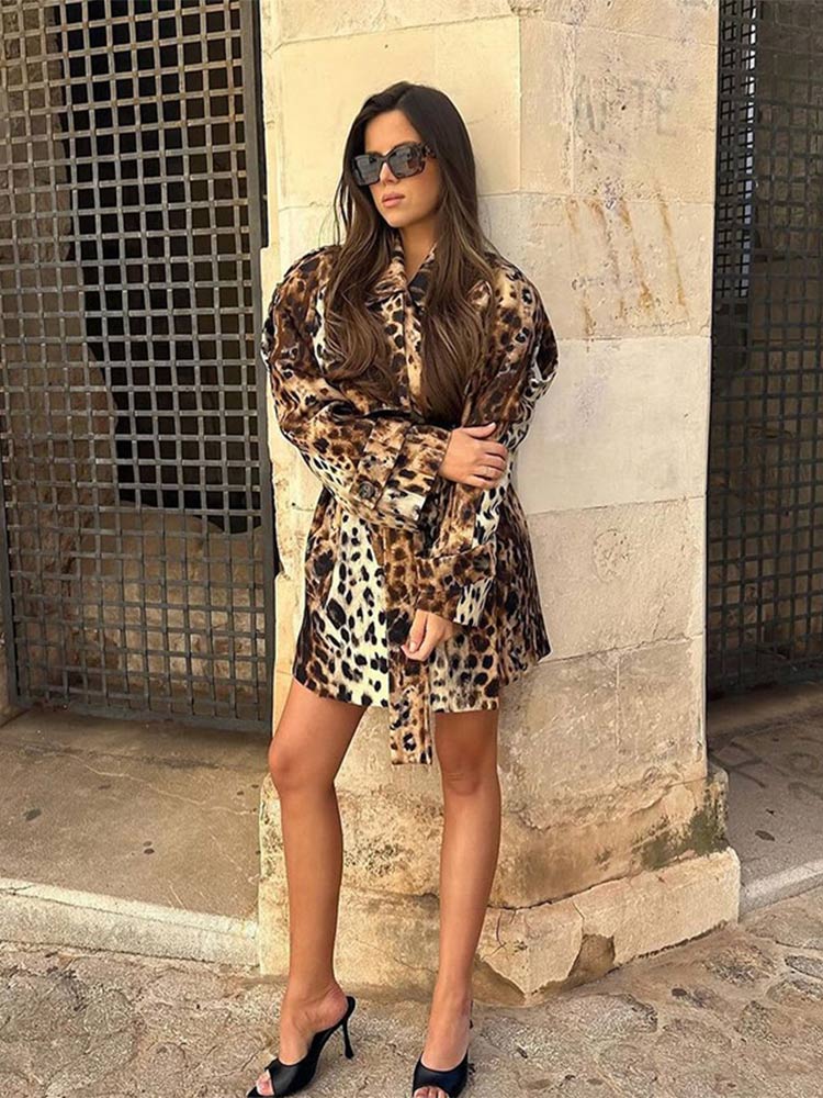 Autumn Women Leopard Print Trench Coat Elegant Lapel Long Sleeve With Belt Mid-length Coats New Female Fashion High Streetwear