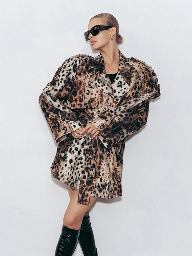 Autumn Women Leopard Print Trench Coat Elegant Lapel Long Sleeve With Belt Mid-length Coats New Female Fashion High Streetwear