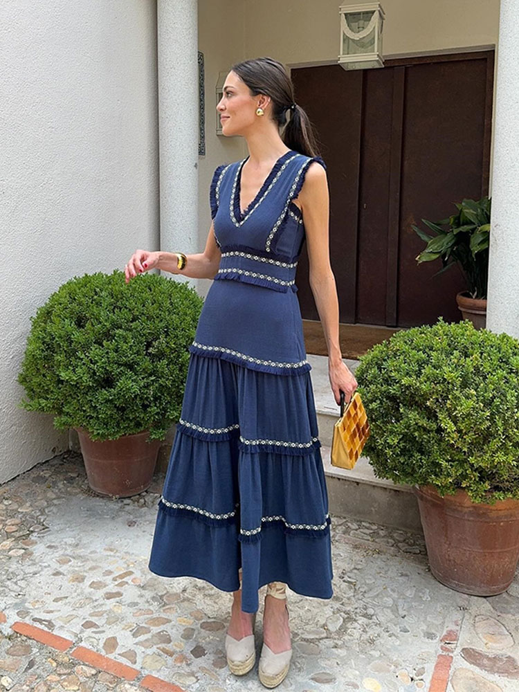 Elegant Tassel Patchwork Pleated Dress Women Fashion V Neck Sleeveless Vestidos 2024 New Summer Office Lady Party Vacation Robes