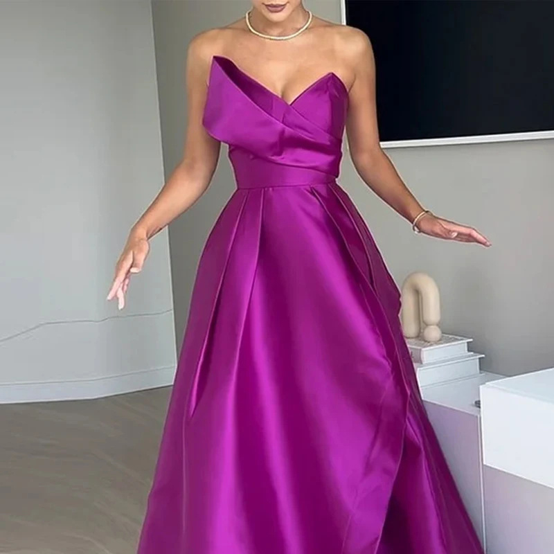 Women's Temperament Off Shoulder Satin Long Dress Elegant Solid Color Party Dresses New Sexy Strapless High Waist Evening Dress