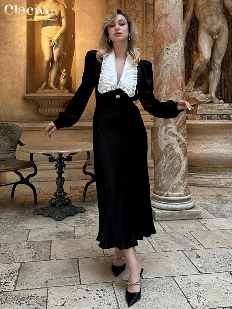 Clacive Fashion Black Velvet Women'S Dress Elegant Lapel Long Sleeve Ankle Length Dresses Casual Classic Patchwork Female Dress