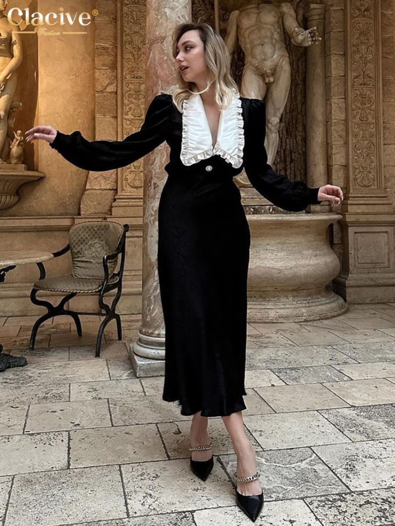 Clacive Fashion Black Velvet Women'S Dress Elegant Lapel Long Sleeve Ankle Length Dresses Casual Classic Patchwork Female Dress