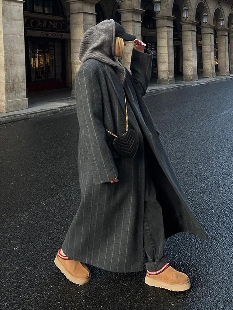 Autumn New Stripe Woolen Dark Grey Overcoats Women Fashion Lapel Long Sleeves Loose Long Coats 2024 Winter Lady Commute Jacket