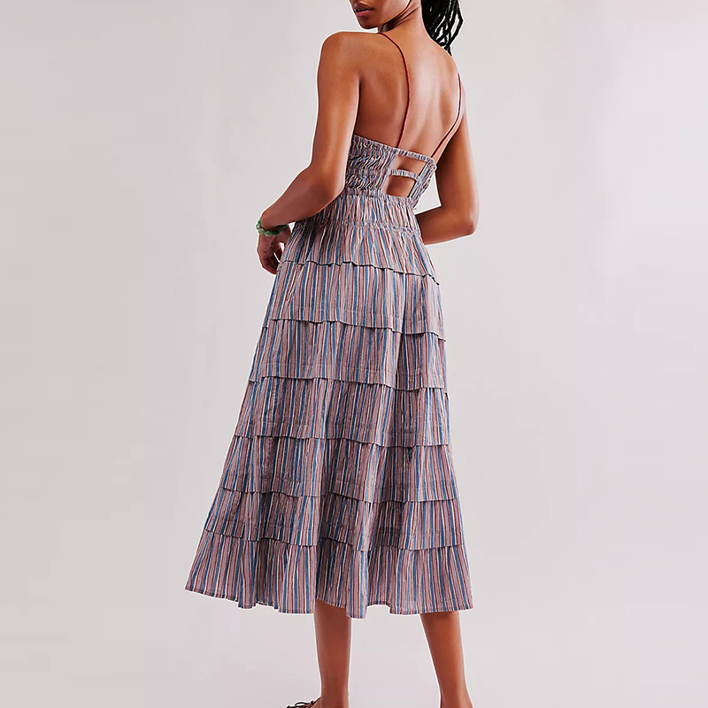 Women's Slash Neck High Waist Long Dress Casual Stripe Pleated Bohemian Dress Fashion Spaghetti Strap Holiday Dresses Vestidos