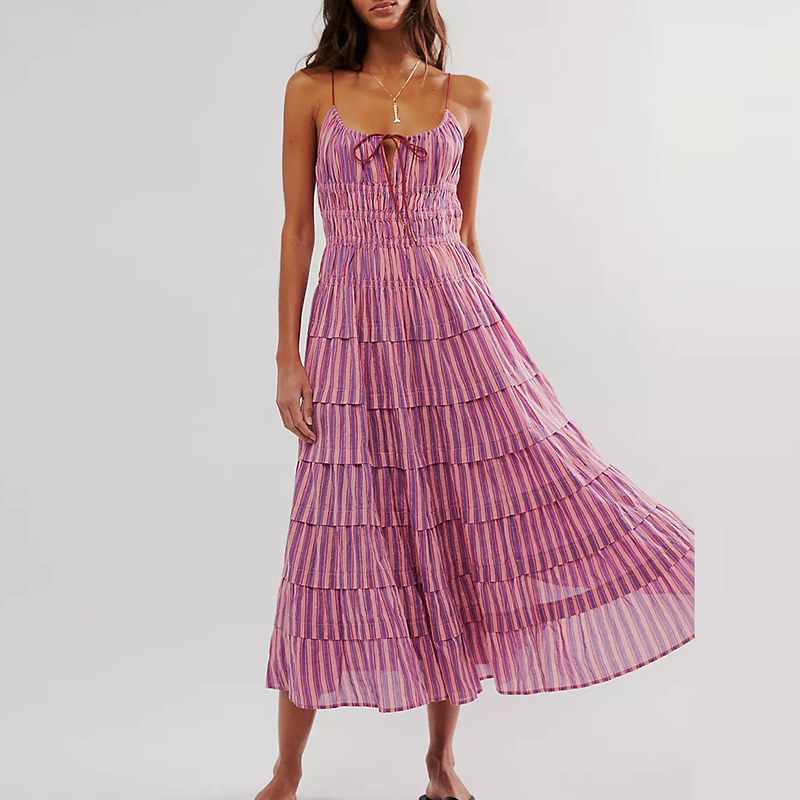 Women's Slash Neck High Waist Long Dress Casual Stripe Pleated Bohemian Dress Fashion Spaghetti Strap Holiday Dresses Vestidos