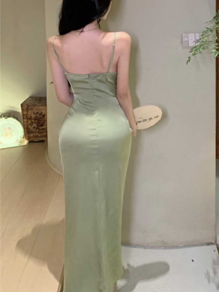 Sexy Bodycon Satin Dress Women New Summer Spaghetti Strap Swinging Collar Mermaid Solid Evening Party Dresses Prom Robe Vestido