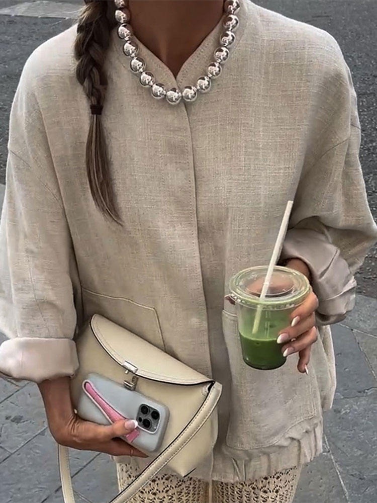 Autumn 2024 Women's Elegant Solid Loose Stand Collar Buckle Jacket Female Long Sleeves Coat Office Lady Streetwear Jacket