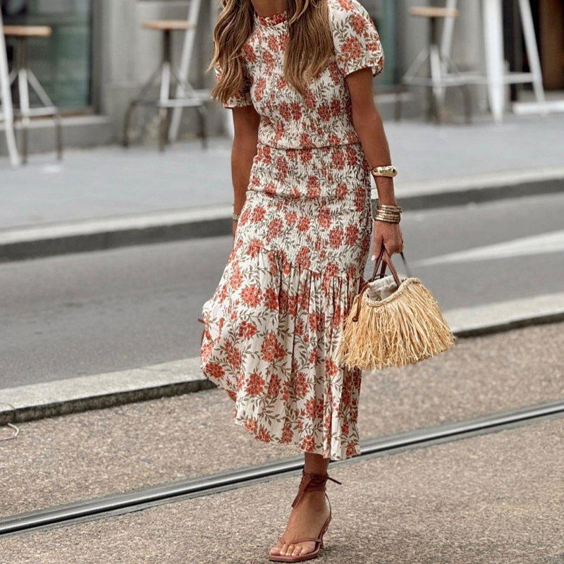 Casual Street Pleated Bohemian Dress Vintage Floral Print High Waisted Long Dress Women Elegant Short Sleeved Slim Summer Dress