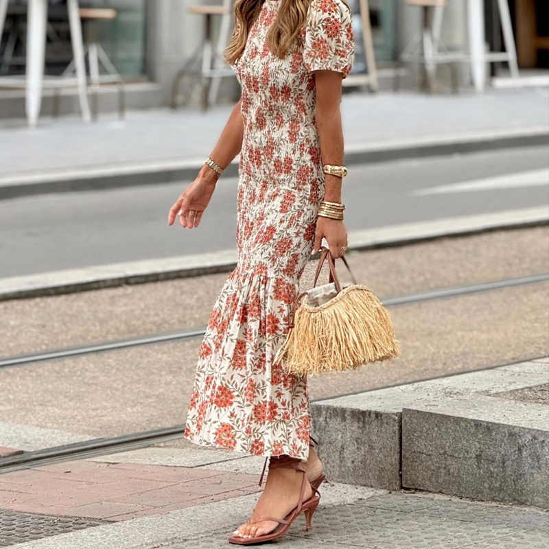 Casual Street Pleated Bohemian Dress Vintage Floral Print High Waisted Long Dress Women Elegant Short Sleeved Slim Summer Dress