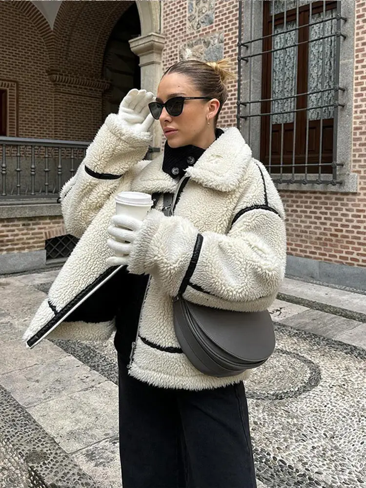 Autumn Winter Women Plush Warm Zipper Jacket Patchwork Long Sleeve Lapel Motorcycle Coat 2024 Female Fashion Street Outerwear