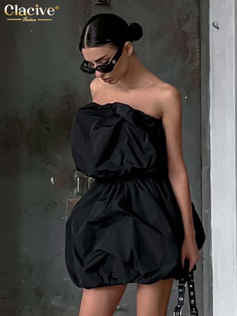 Clacive Fashion Loose Black Women's Dress 2024 Summer Strapless Sleeveless Mini Dresses Elegant Highh Waist Pleated Female Dress