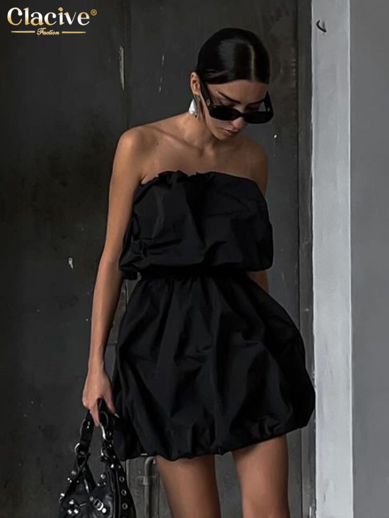 Clacive Fashion Loose Black Women's Dress 2024 Summer Strapless Sleeveless Mini Dresses Elegant Highh Waist Pleated Female Dress