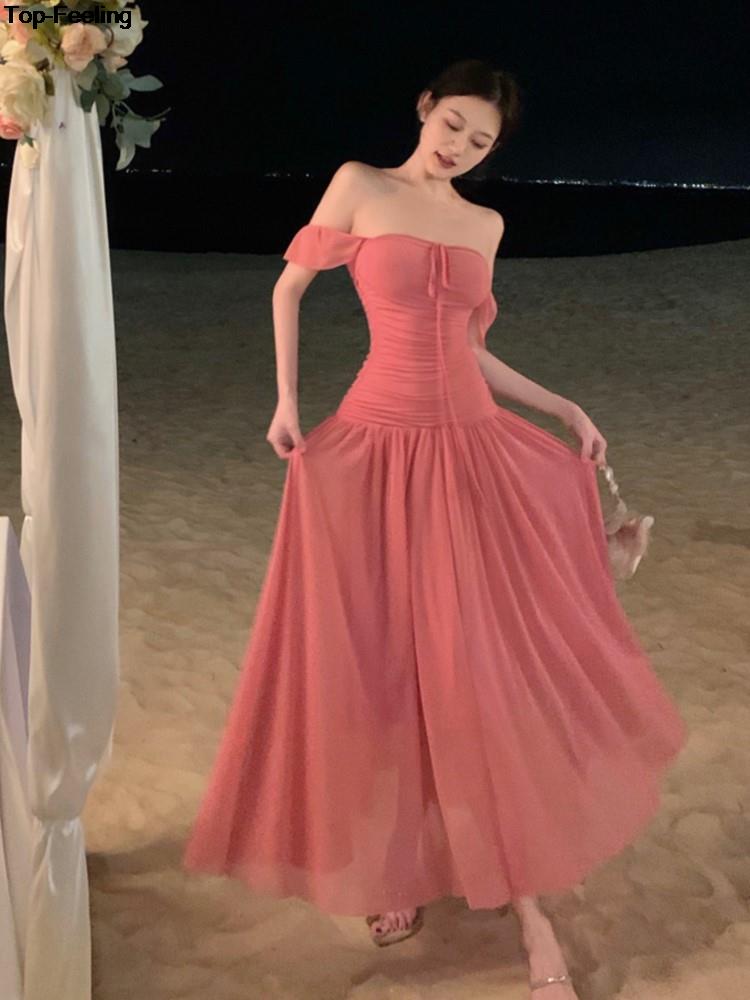 Summer Elegant Slim Beach Dress Korean New Tide One-piece A-line Shot Sleeve Sundress Women Fairy Pink Vestidos Mujer Clothes