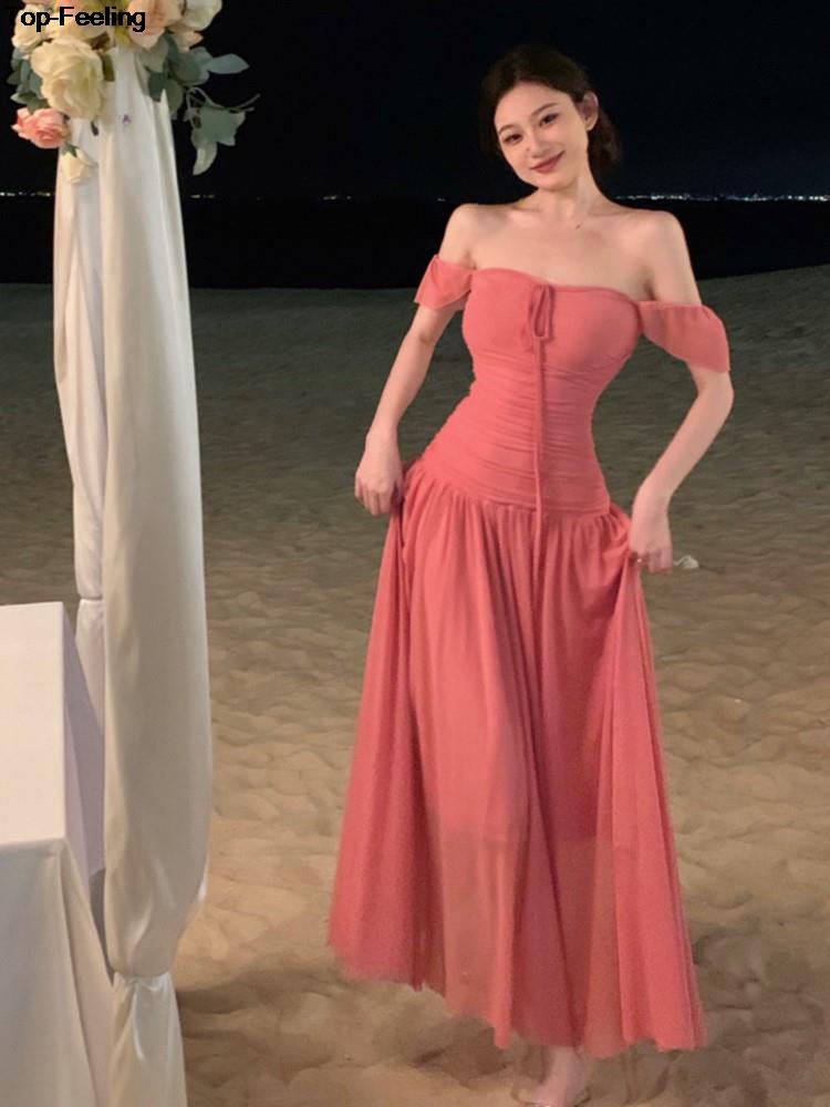 Summer Elegant Slim Beach Dress Korean New Tide One-piece A-line Shot Sleeve Sundress Women Fairy Pink Vestidos Mujer Clothes