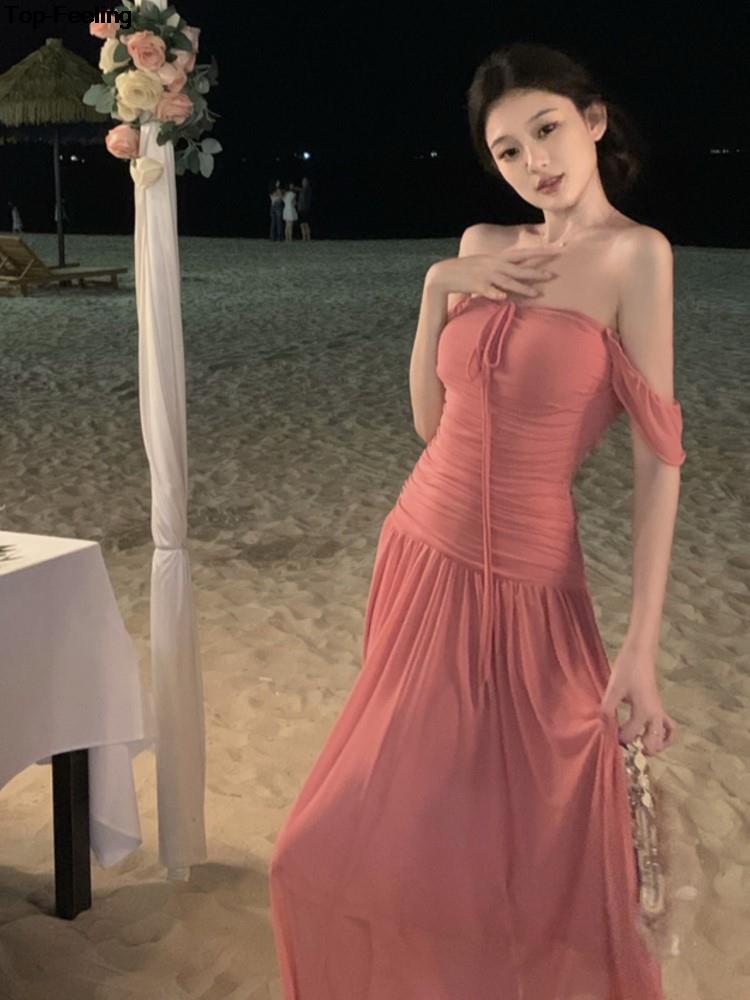 Summer Elegant Slim Beach Dress Korean New Tide One-piece A-line Shot Sleeve Sundress Women Fairy Pink Vestidos Mujer Clothes