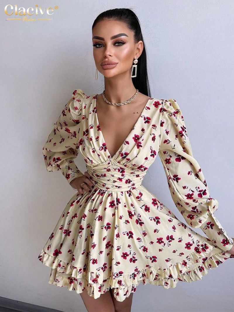 Clacive Fashion Loose Print Women Dress 2024 Elegant V-Neck Lantern Sleeve Mini Dresses Vintage High Waist Pleated Female Dress