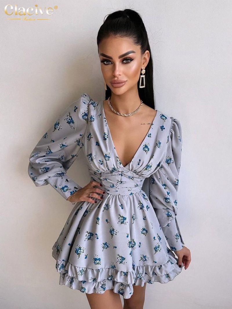 Clacive Fashion Loose Print Women Dress 2024 Elegant V-Neck Lantern Sleeve Mini Dresses Vintage High Waist Pleated Female Dress