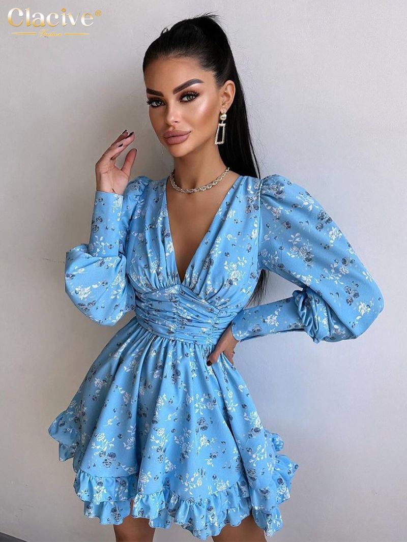 Clacive Fashion Loose Print Women Dress 2024 Elegant V-Neck Lantern Sleeve Mini Dresses Vintage High Waist Pleated Female Dress