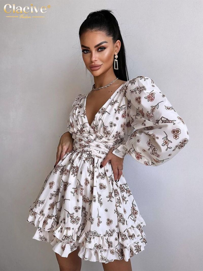 Clacive Fashion Loose Print Women Dress 2024 Elegant V-Neck Lantern Sleeve Mini Dresses Vintage High Waist Pleated Female Dress