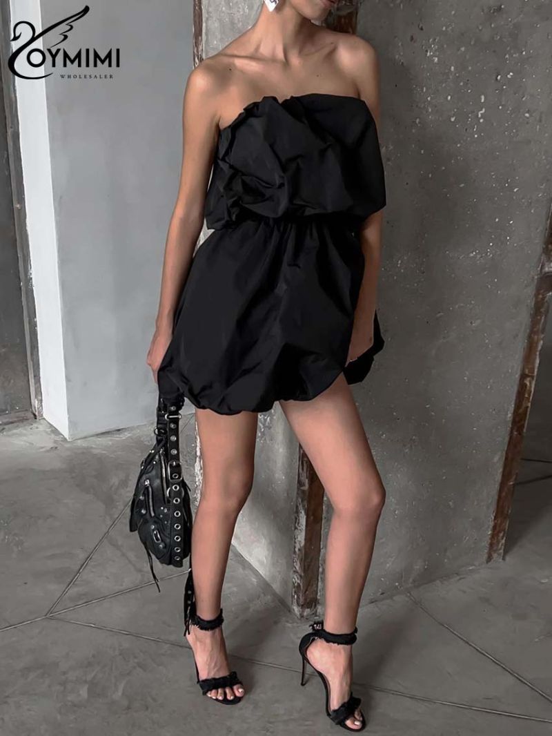 Oymimi Elegant Black Strapless Women's Dress Fashion New Loose High Waisted Dresses Casual Simple Mini Dresses Female Clothing