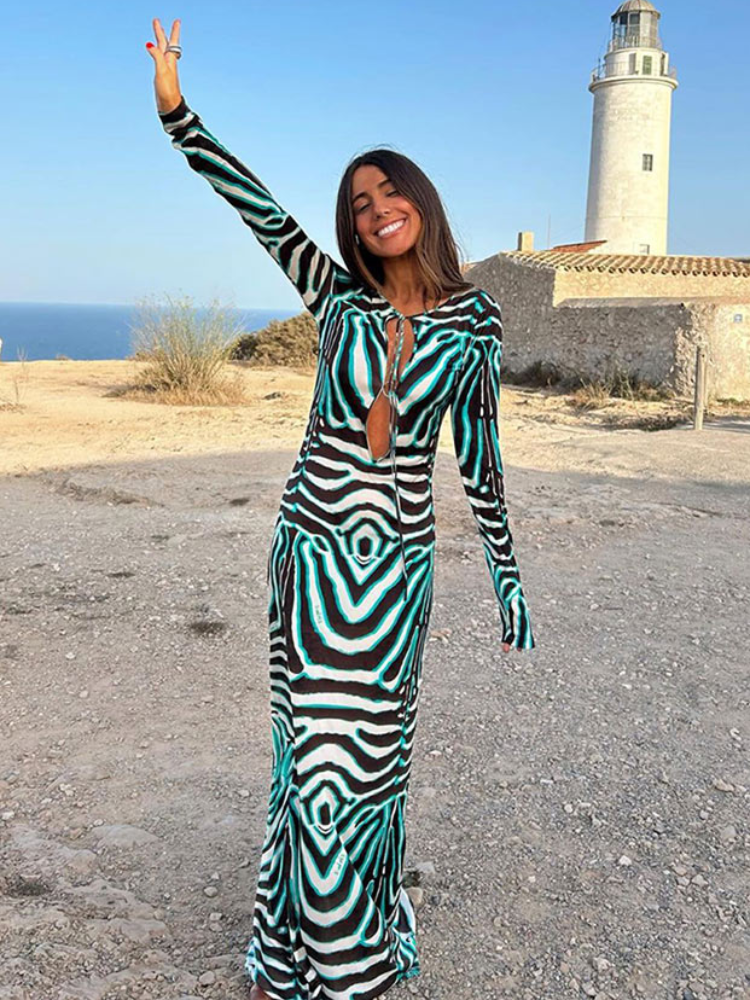 Women Elegant Striped Print Hollow Out Maxi Dress Chic V-neck Long Sleeve Lace Up Slim Dresses 2024 Lady Vacation Beach Robes