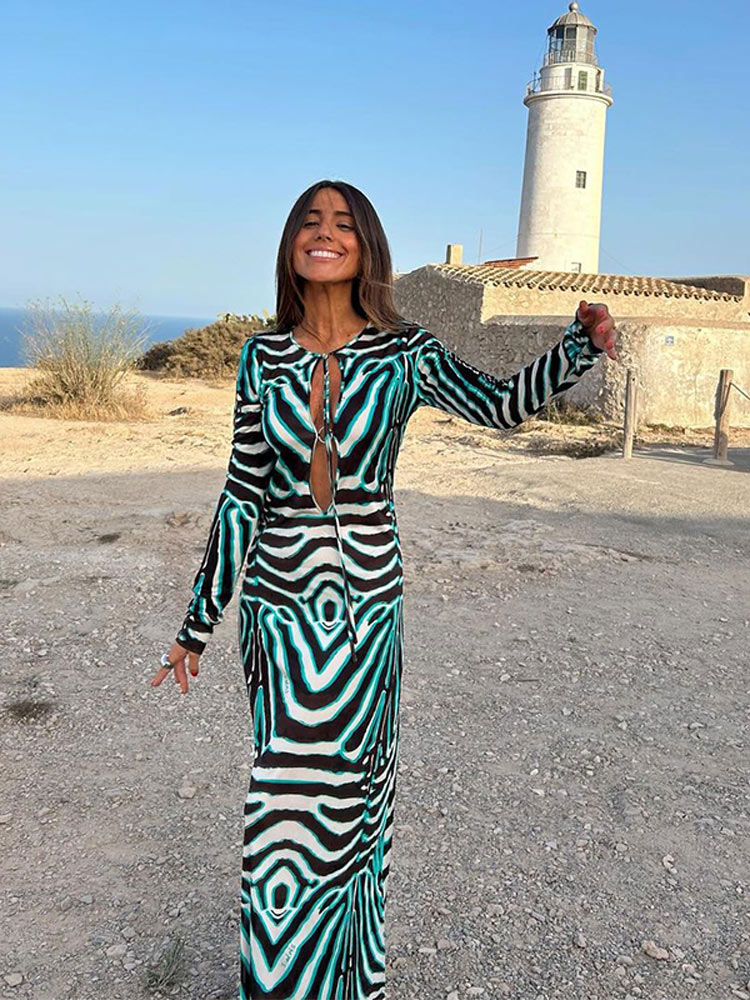 Women Elegant Striped Print Hollow Out Maxi Dress Chic V-neck Long Sleeve Lace Up Slim Dresses 2024 Lady Vacation Beach Robes