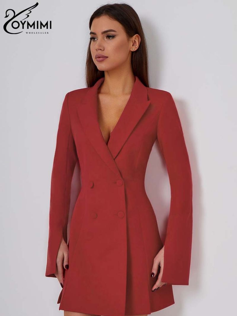 Oymimi Fashion Red Lapel Womens Dresses Elegant Long Sleeve Side Slit Dresses Summer Double Breasted Mini Dress Female Clothing