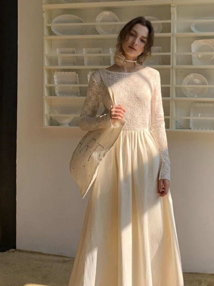 Autumn Elegant Lace Midi Dresses for Women Long Sleeves Backless A-line Casual Wedding Party Dress French Vintage Vestidos Mujer