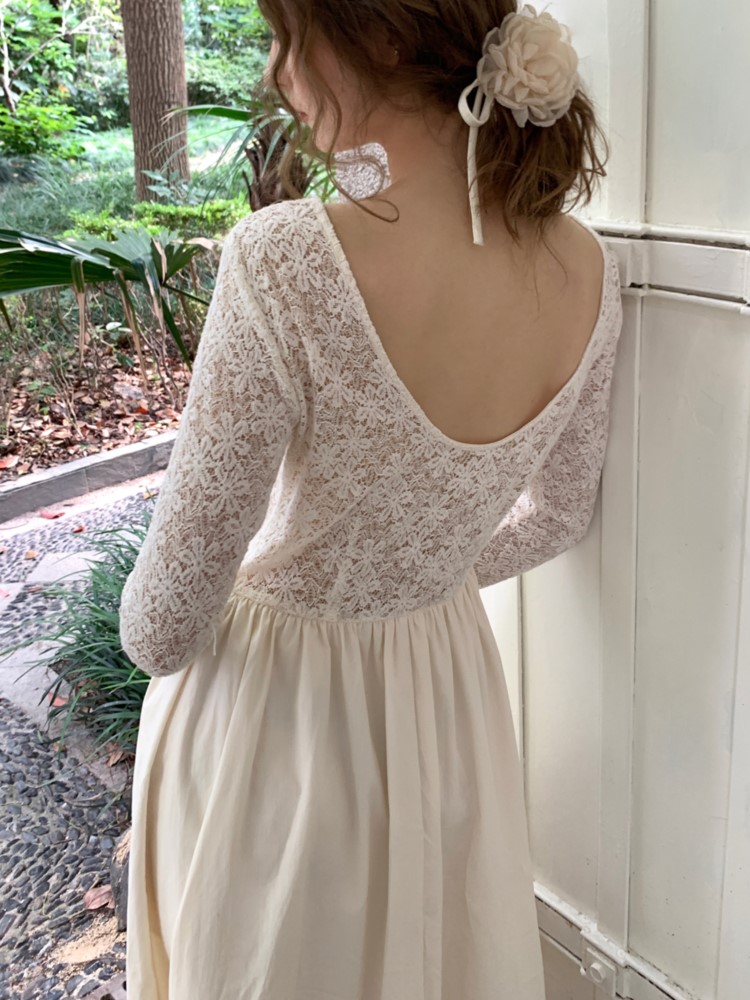 Autumn Elegant Lace Midi Dresses for Women Long Sleeves Backless A-line Casual Wedding Party Dress French Vintage Vestidos Mujer