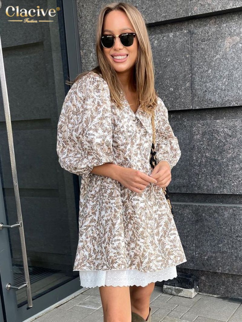 Clacive Summer Loose Print Women'S Dress 2023 Fashion Lapel Short Puff Sleeve Mini Dresses Elegant Lace Patchwork Female Dress