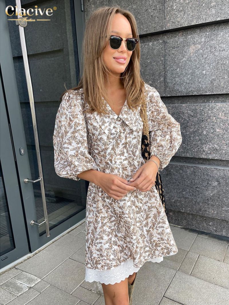 Clacive Summer Loose Print Women'S Dress 2023 Fashion Lapel Short Puff Sleeve Mini Dresses Elegant Lace Patchwork Female Dress