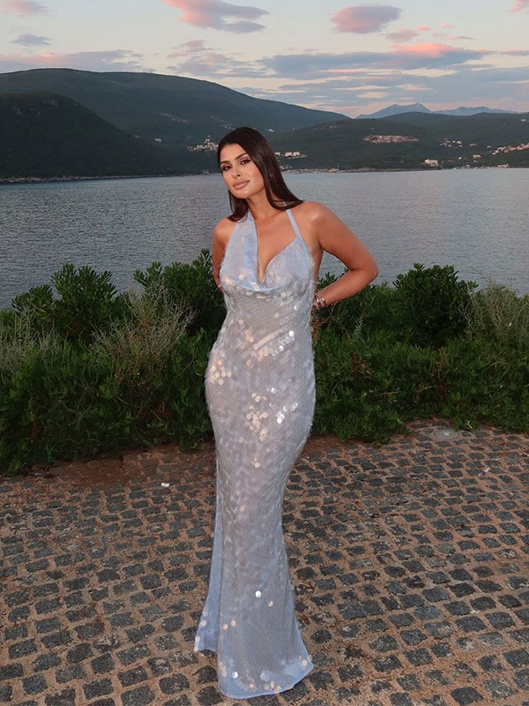 Sexy Sequin Evening Long Dresses For Women Elegant Hanging Neck Halter Backless Bodycon Maxi Dress 2024 Lady Party Prom Vestidos