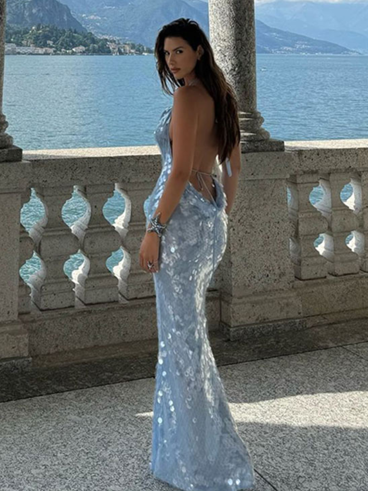 Sexy Sequin Evening Long Dresses For Women Elegant Hanging Neck Halter Backless Bodycon Maxi Dress 2024 Lady Party Prom Vestidos