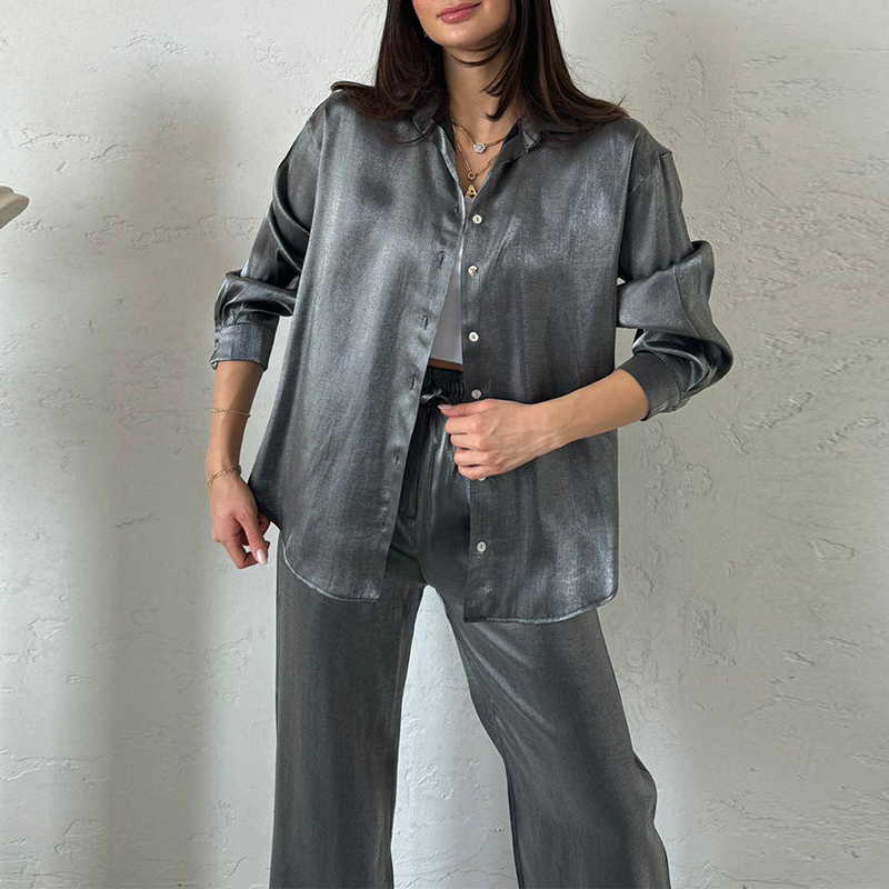 Ladies Lapel Button Shirt and Pants Suits Spring Autumn Long Sleeved Shiny Silk 2pc Sets Fashion High Waisted Commuting Outfits