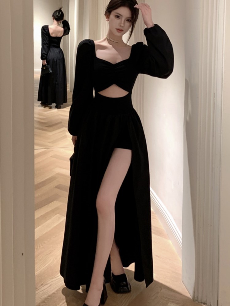 Elegant Black Long Dresses for Women Long Sleeve Square Collar Hollow Out High Slit Evening Party Dress Prom Robe Vestidos Mujer