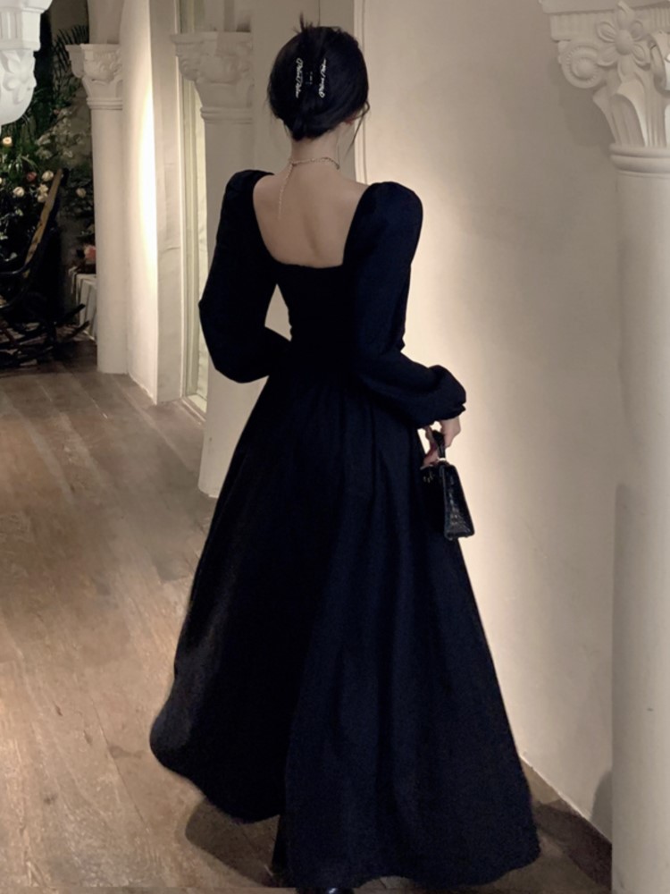 Elegant Black Long Dresses for Women Long Sleeve Square Collar Hollow Out High Slit Evening Party Dress Prom Robe Vestidos Mujer