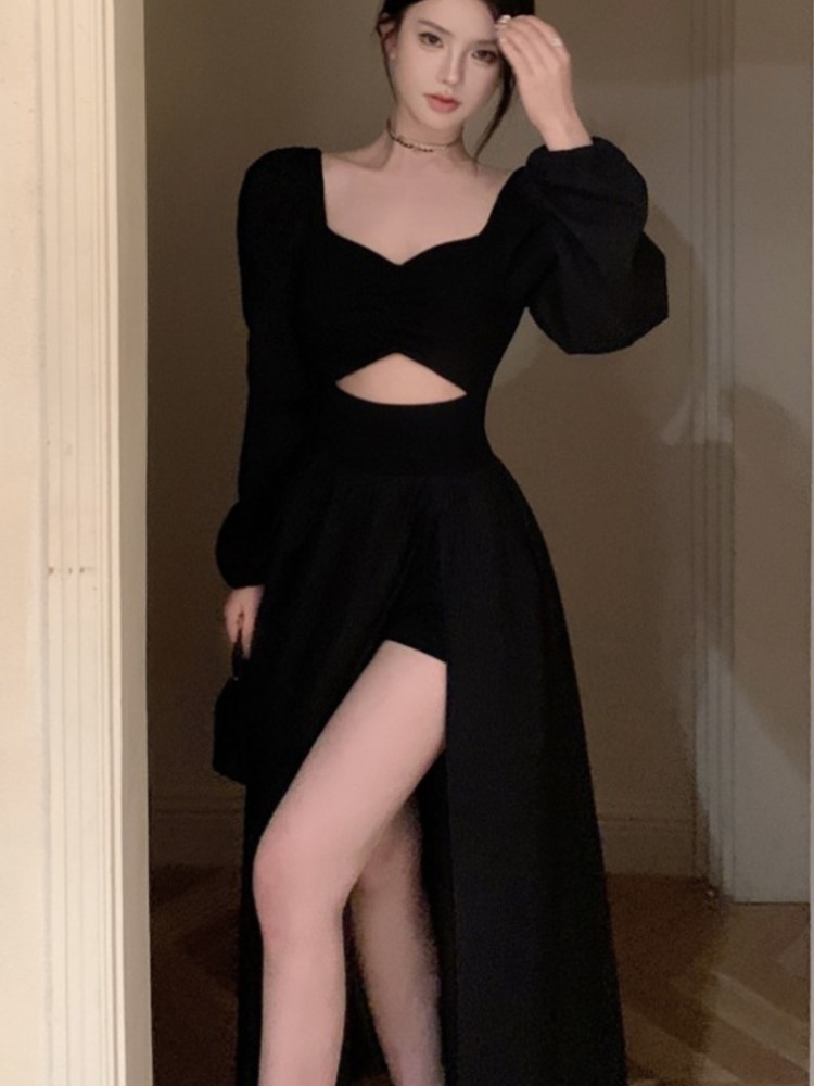 Elegant Black Long Dresses for Women Long Sleeve Square Collar Hollow Out High Slit Evening Party Dress Prom Robe Vestidos Mujer