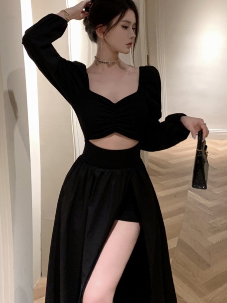 Elegant Black Long Dresses for Women Long Sleeve Square Collar Hollow Out High Slit Evening Party Dress Prom Robe Vestidos Mujer