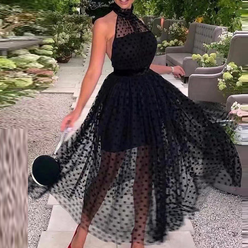 Fashion Ladies Halter Hollow Lace Up Long Dress Elegant Jacquard Mesh Solid Banquet Dress New Sexy Backless Hollow Pleated Dress