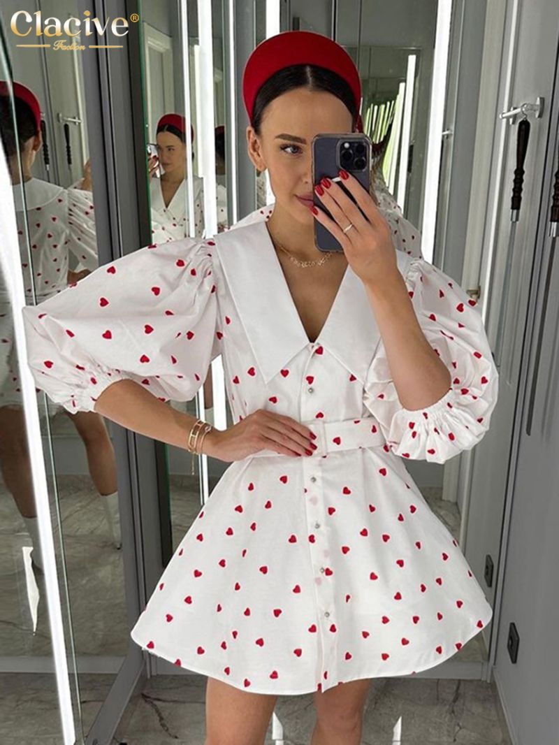 Clacive Summer Loose Love Print Women'S Dress 2024 Fashion Lapel Half Sleeve Mini Dresses Elegant High Waist Belt Female Dress